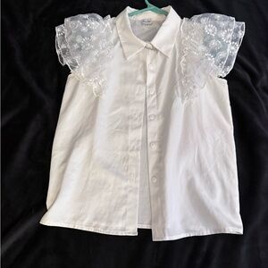 Annabelle White Kids Button Down Shirt with Lace Sleeves